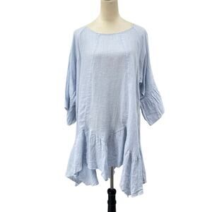 Match Point Light Periwinkle Blue 100% Linen Ruffle Lagenlook Tunic Mini Dress
